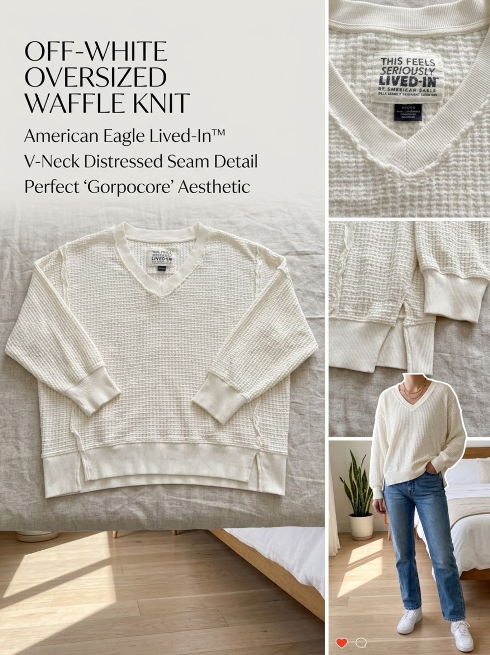 American Eagle Outfitters Off-White Waffle V-Neck Oversized Sweater
